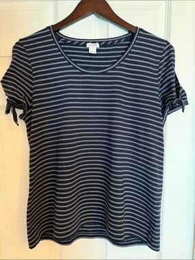 J. Crew Navy and White Striped Short Sleeve Tee with Tie Sleeves